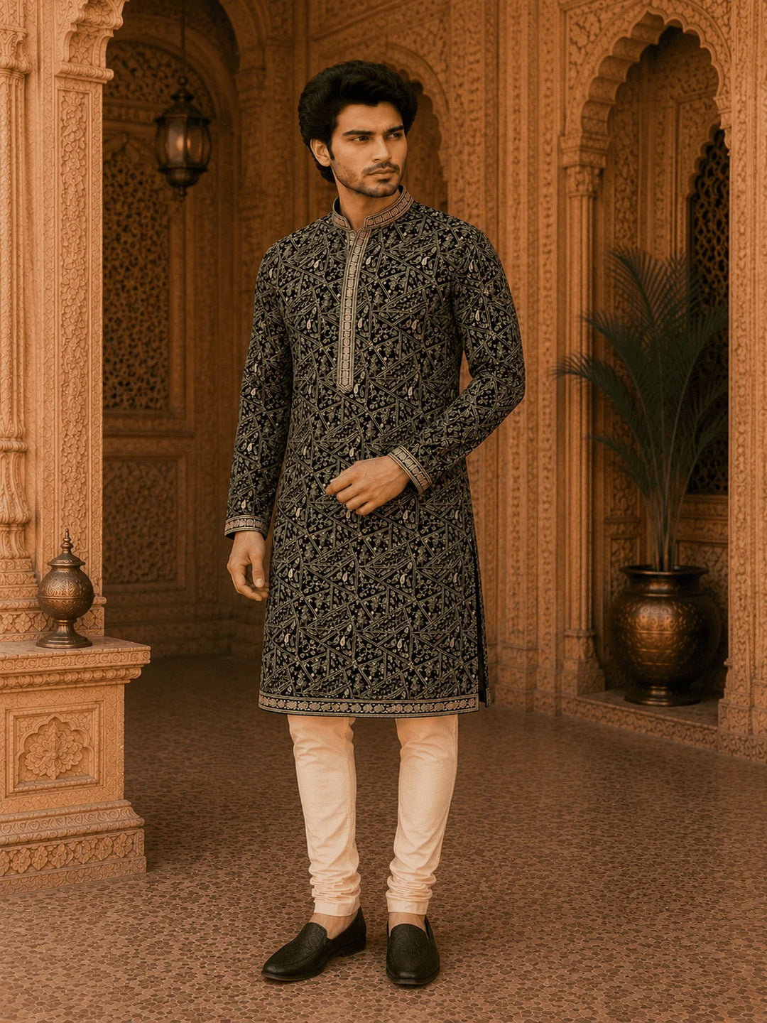 Black Printed Viscose Rayon Kurta Pyjama