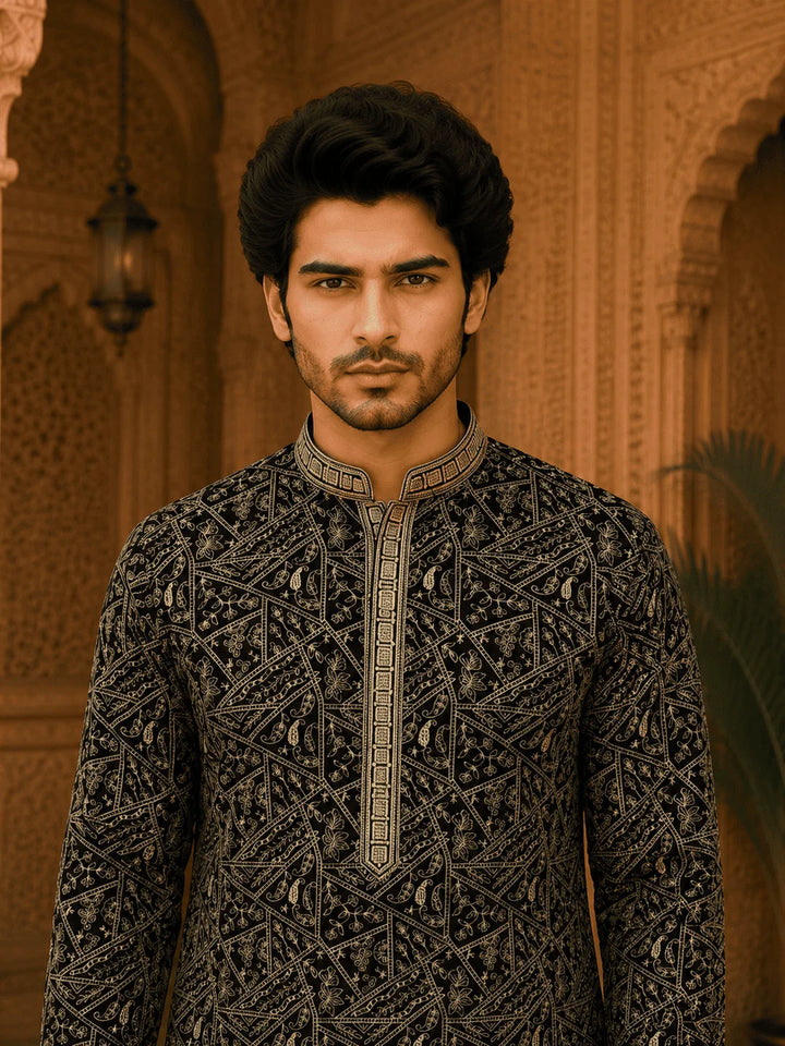 Black Printed Viscose Rayon Kurta Pyjama