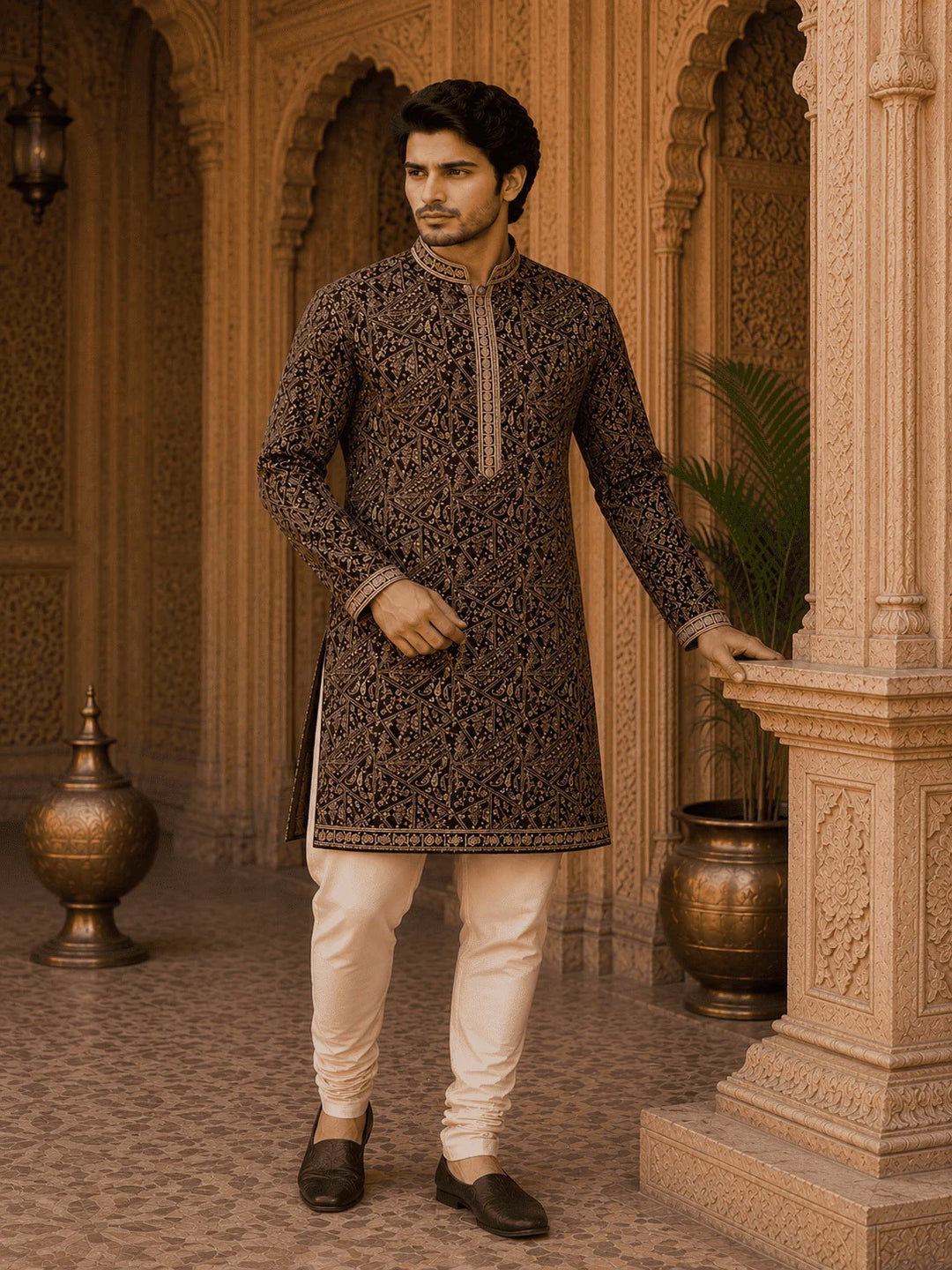 Royal Wine Printed Viscose Rayon Kurta Pyjama