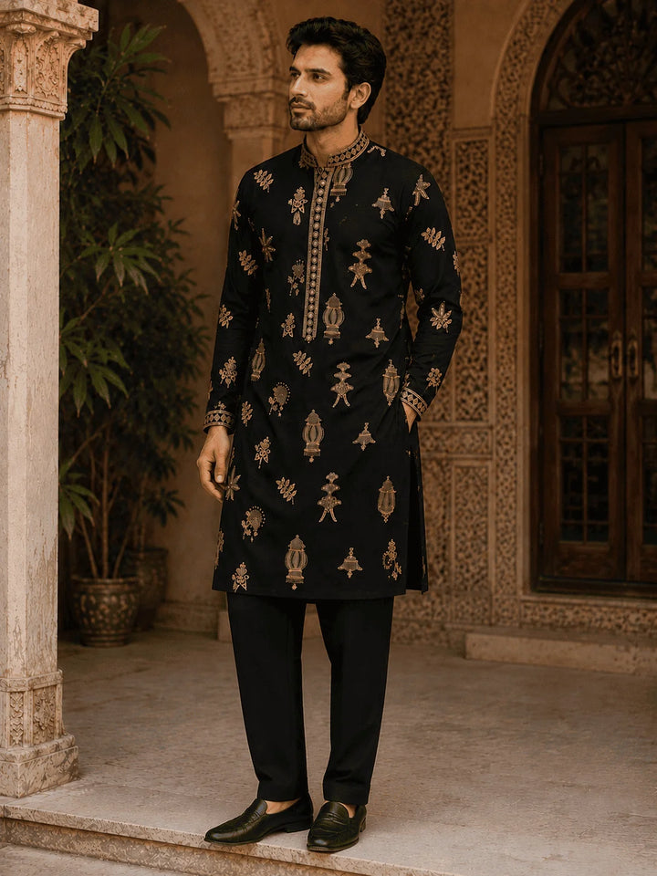 Midnight Black Printed Viscose Rayon Kurta Pyjama