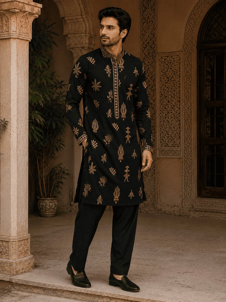 Midnight Black Printed Viscose Rayon Kurta Pyjama