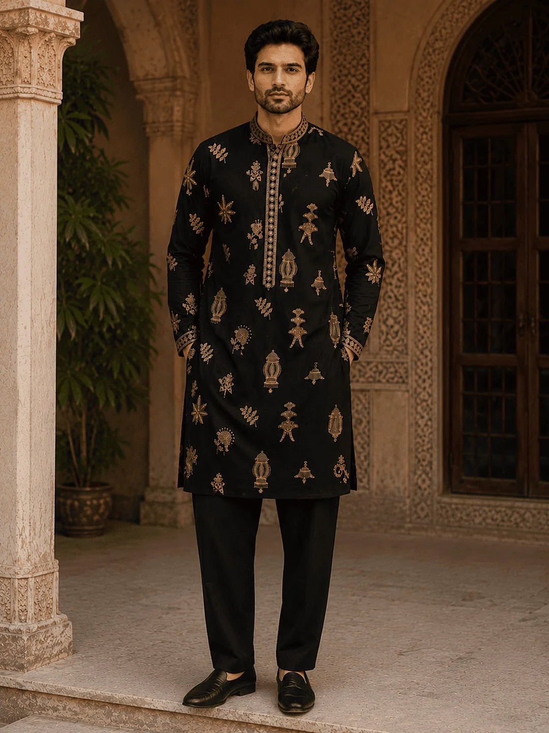 Midnight Black Printed Viscose Rayon Kurta Pyjama