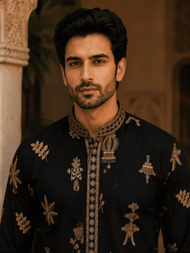 Midnight Black Printed Viscose Rayon Kurta Pyjama