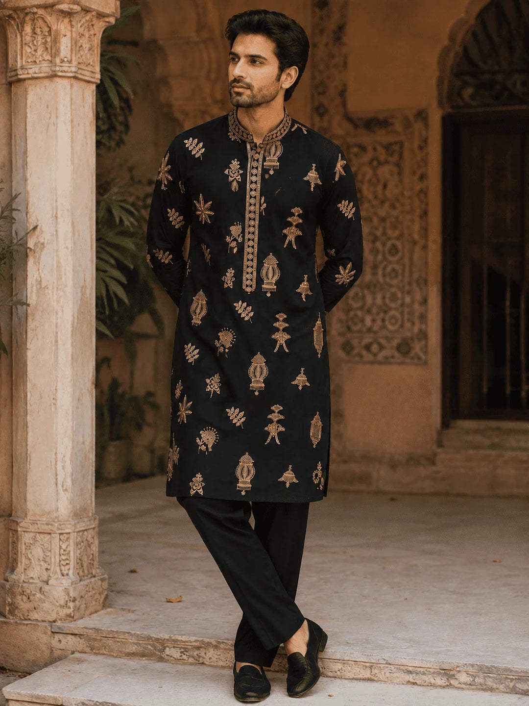 Midnight Black Printed Viscose Rayon Kurta Pyjama