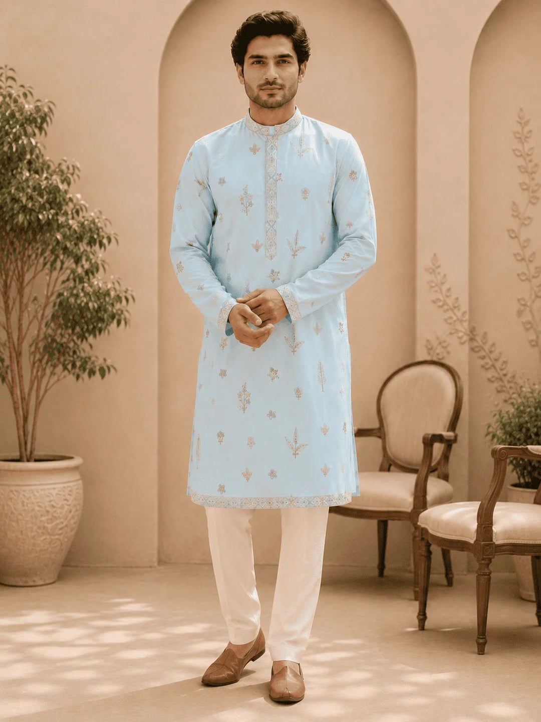Sky Blue Printed Cotton Kurta with Cream Pyjama