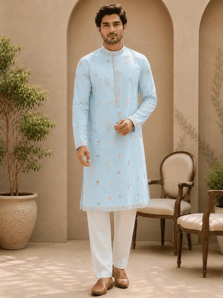 Sky Blue Printed Cotton Kurta with Cream Pyjama