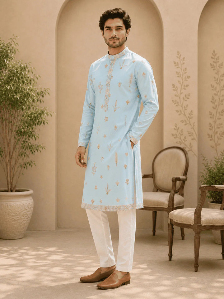 Sky Blue Printed Cotton Kurta with Cream Pyjama