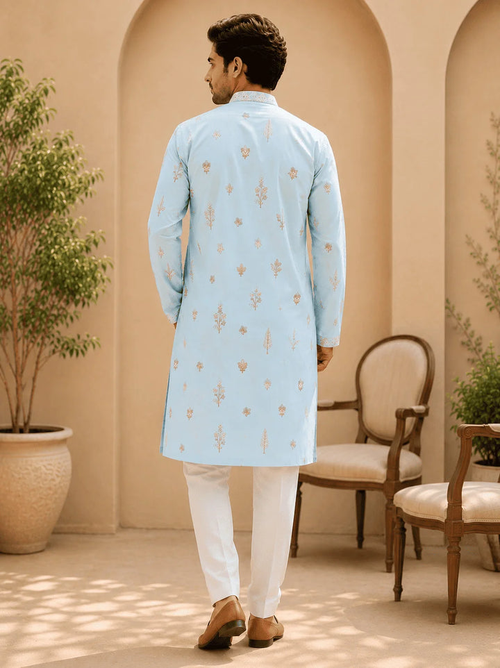 Sky Blue Printed Cotton Kurta with Cream Pyjama