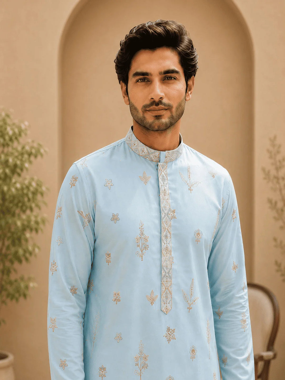 Sky Blue Printed Cotton Kurta with Cream Pyjama