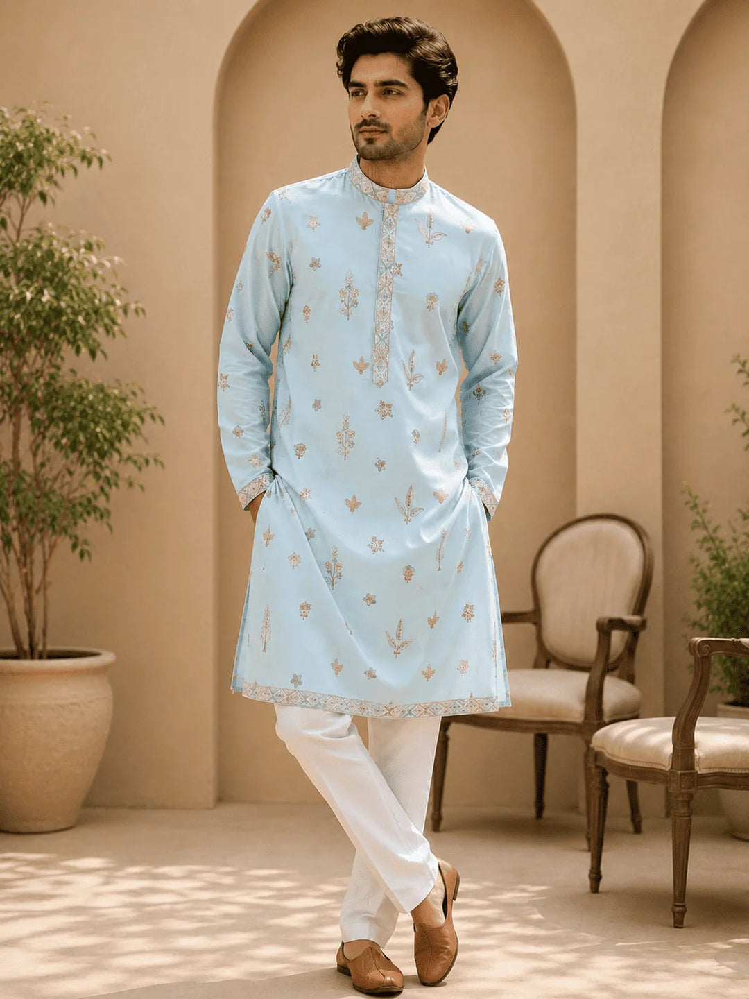 Sky Blue Printed Cotton Kurta with Cream Pyjama