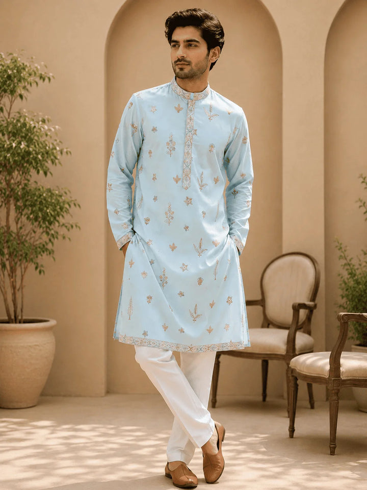 Sky Blue Printed Cotton Kurta with Cream Pyjama