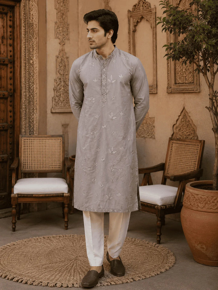 Light Grey Printed Cotton Kurta Pyjama Set with Cream Viscose Pyjama