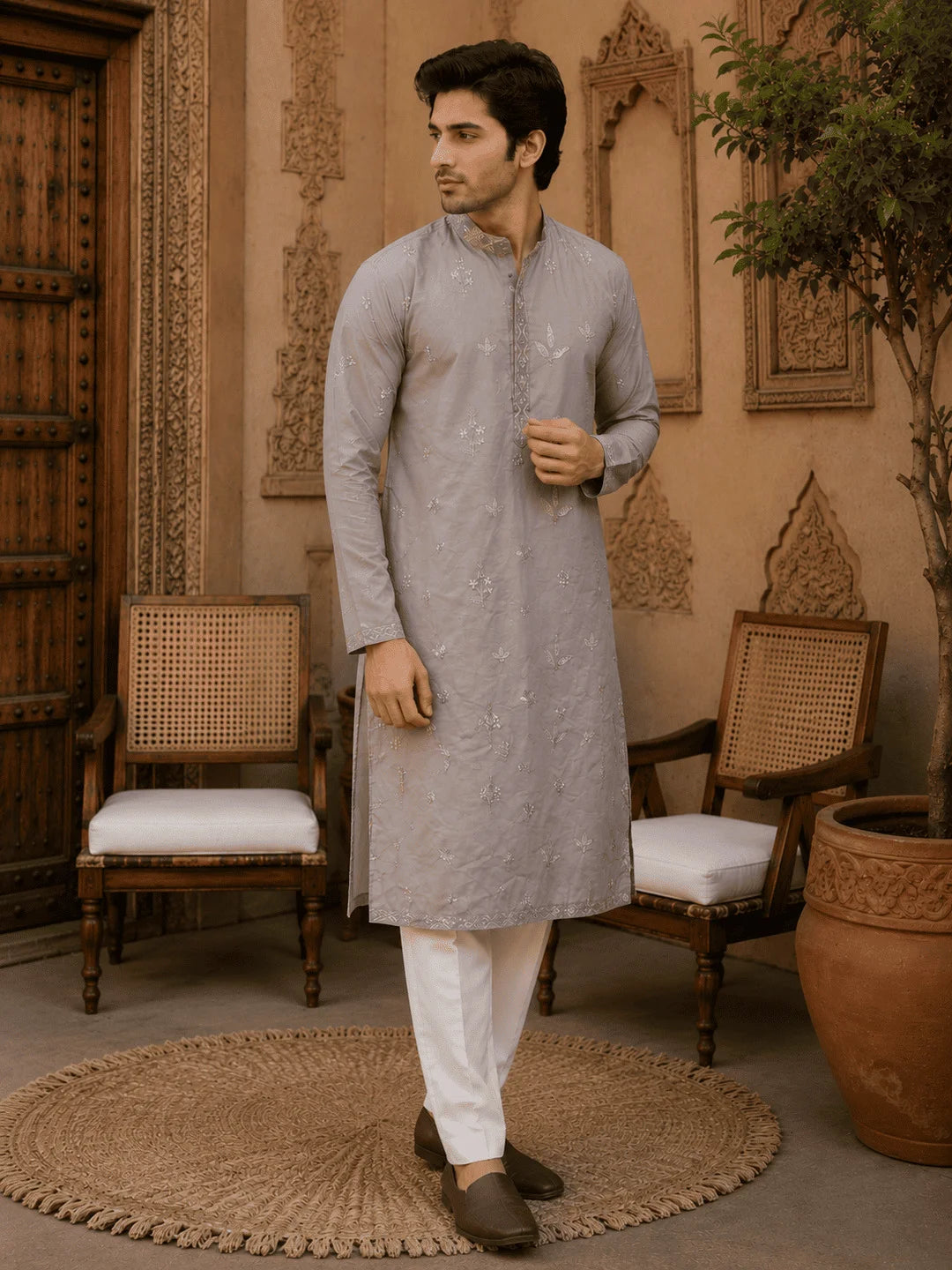 Light Grey Printed Cotton Kurta Pyjama Set with Cream Viscose Pyjama