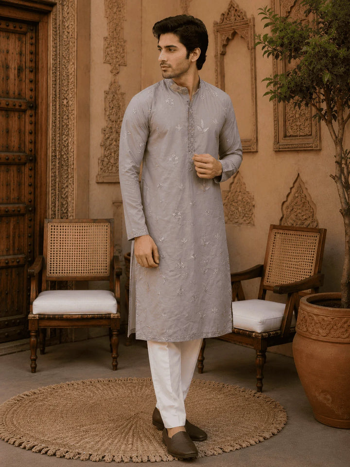 Light Grey Printed Cotton Kurta Pyjama Set with Cream Viscose Pyjama