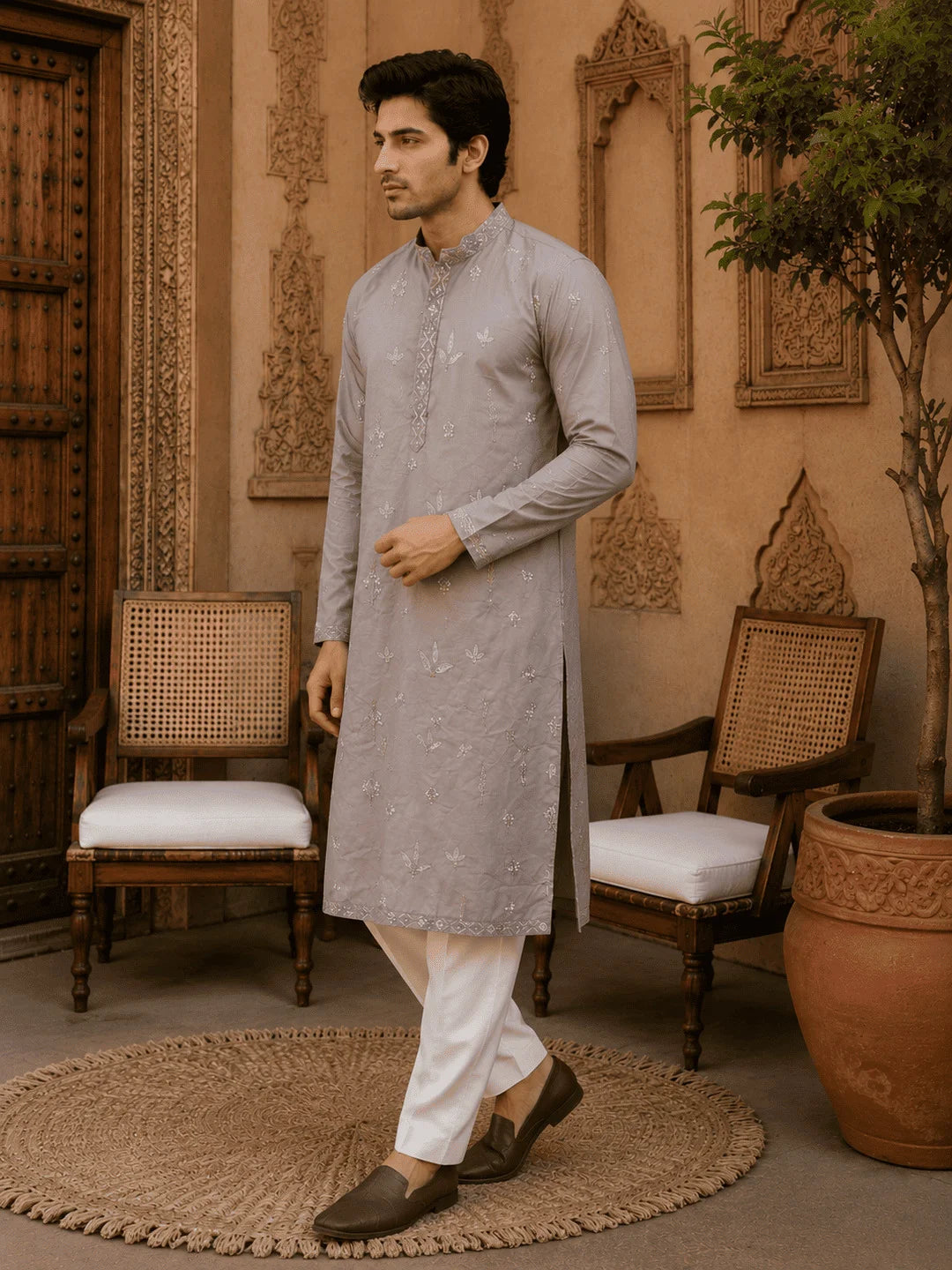 Light Grey Printed Cotton Kurta Pyjama Set with Cream Viscose Pyjama