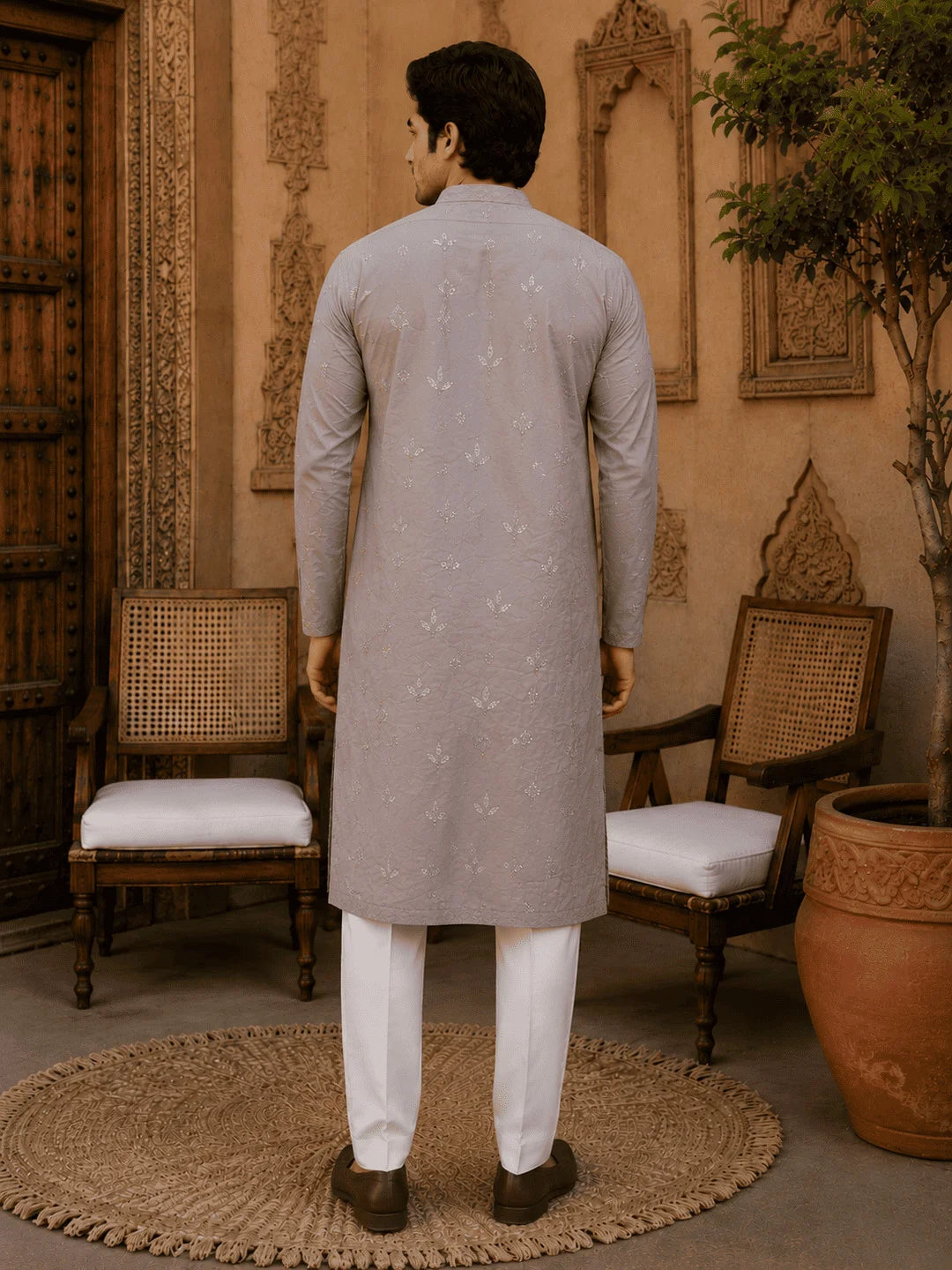 Light Grey Printed Cotton Kurta Pyjama Set with Cream Viscose Pyjama