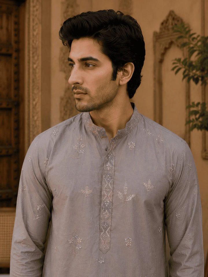 Light Grey Printed Cotton Kurta Pyjama Set with Cream Viscose Pyjama