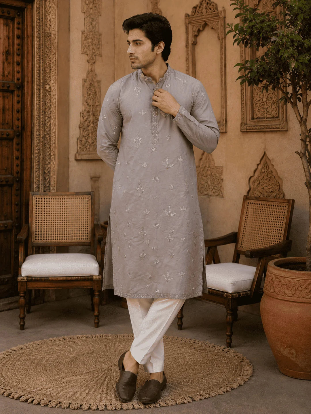 Light Grey Printed Cotton Kurta Pyjama Set with Cream Viscose Pyjama