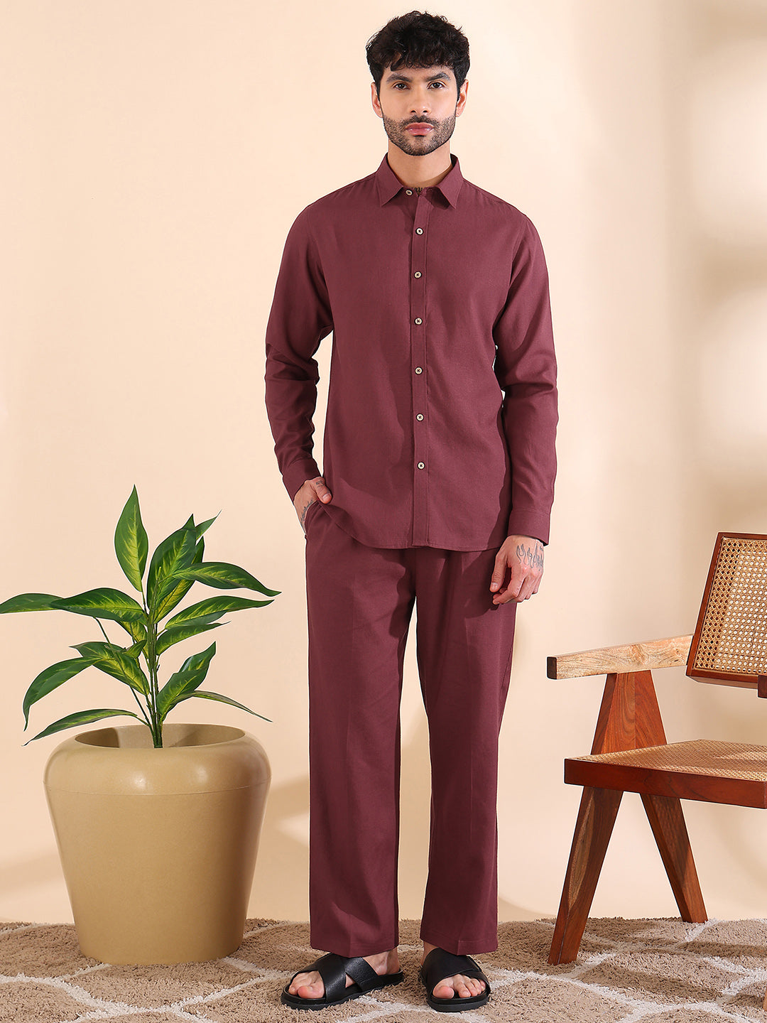 Men Linen Solid Co-ord Set