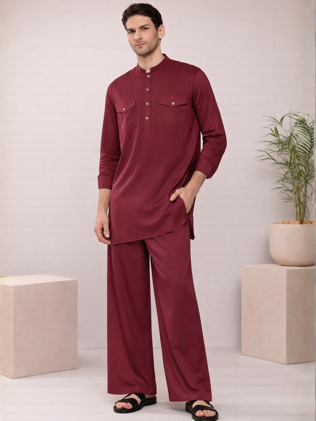 Men's Rayon Solid Pathani co-ord Set