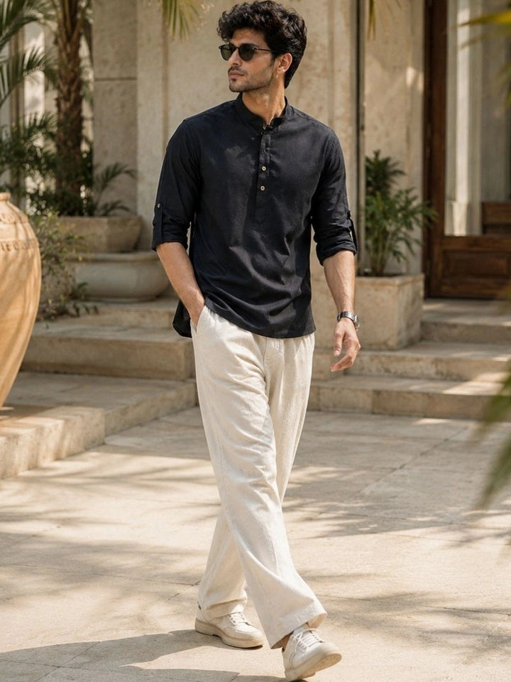 Black Pure Cotton Slub Short Kurta