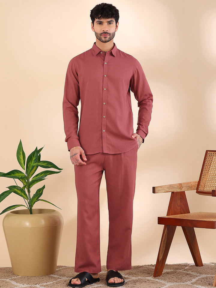 Men Linen Solid Co-ord Set