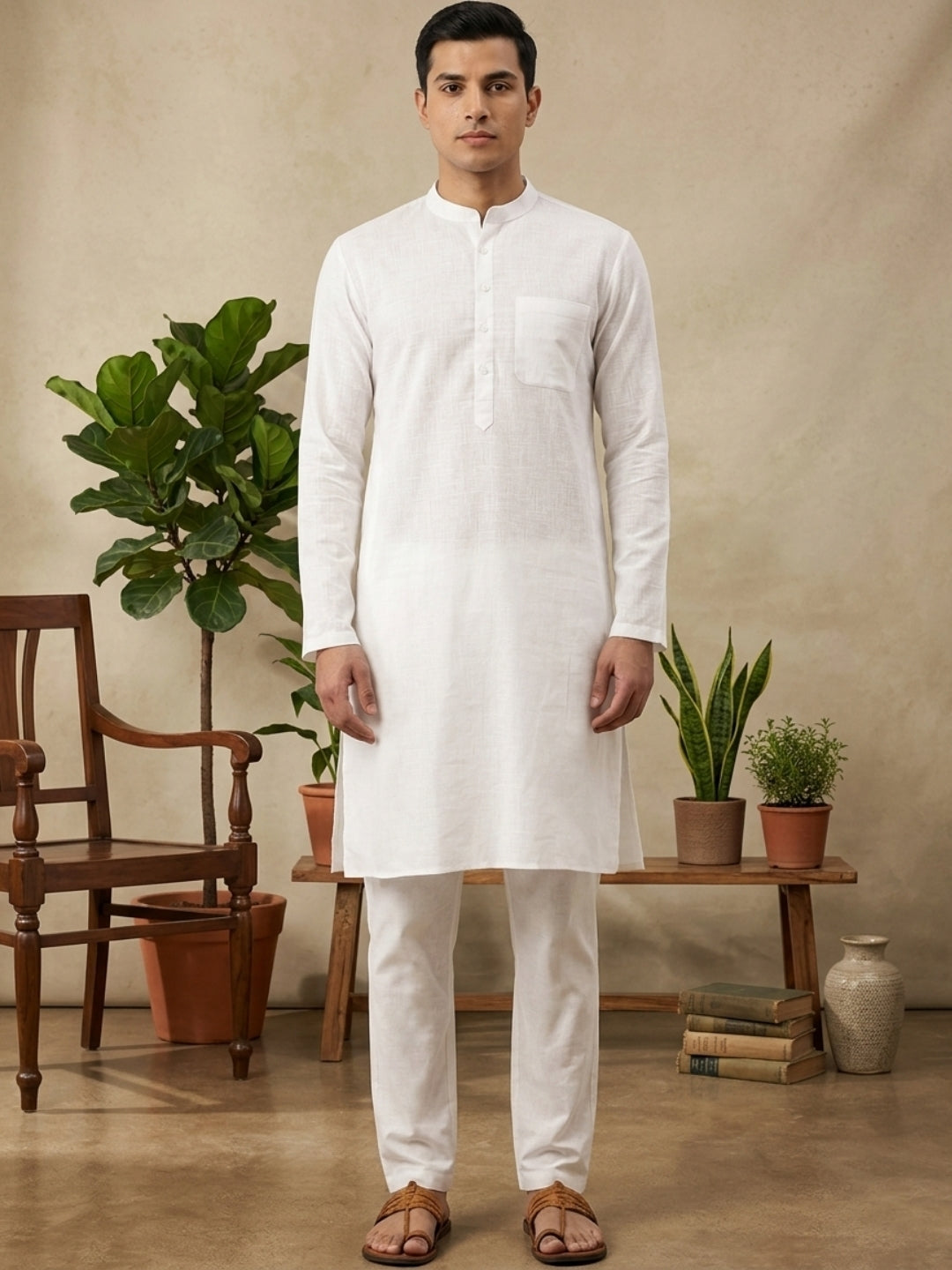 Pure Cotton Slub Straight kurta Paired with Pyjama