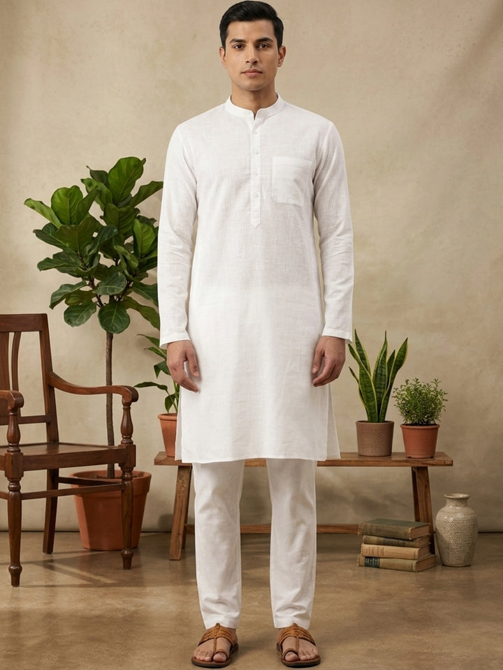 Pure Cotton Slub Straight kurta Paired with Pyjama
