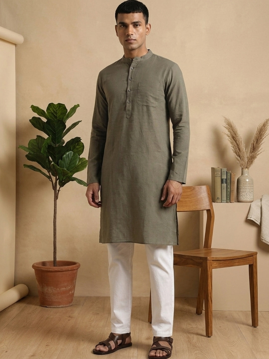 Pure Cotton Slub Straight kurta Paired with Pyjama