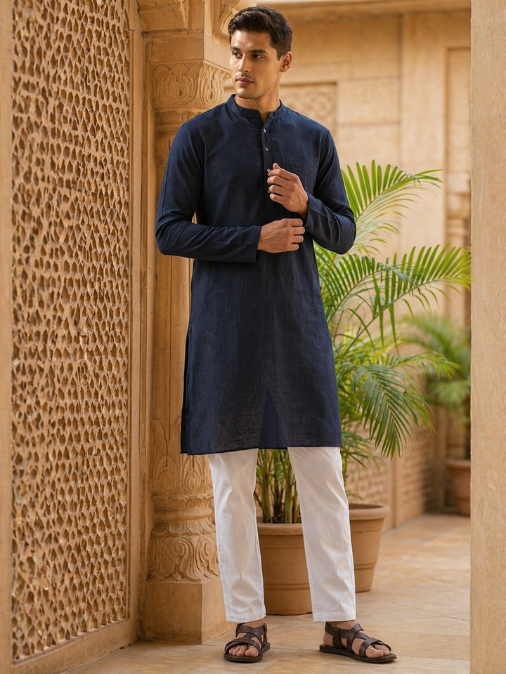 Pure Cotton Slub Straight kurta Paired with Pyjama