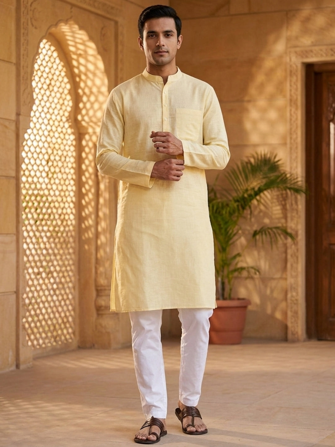 Pure Cotton Slub Straight kurta Paired with Pyjama