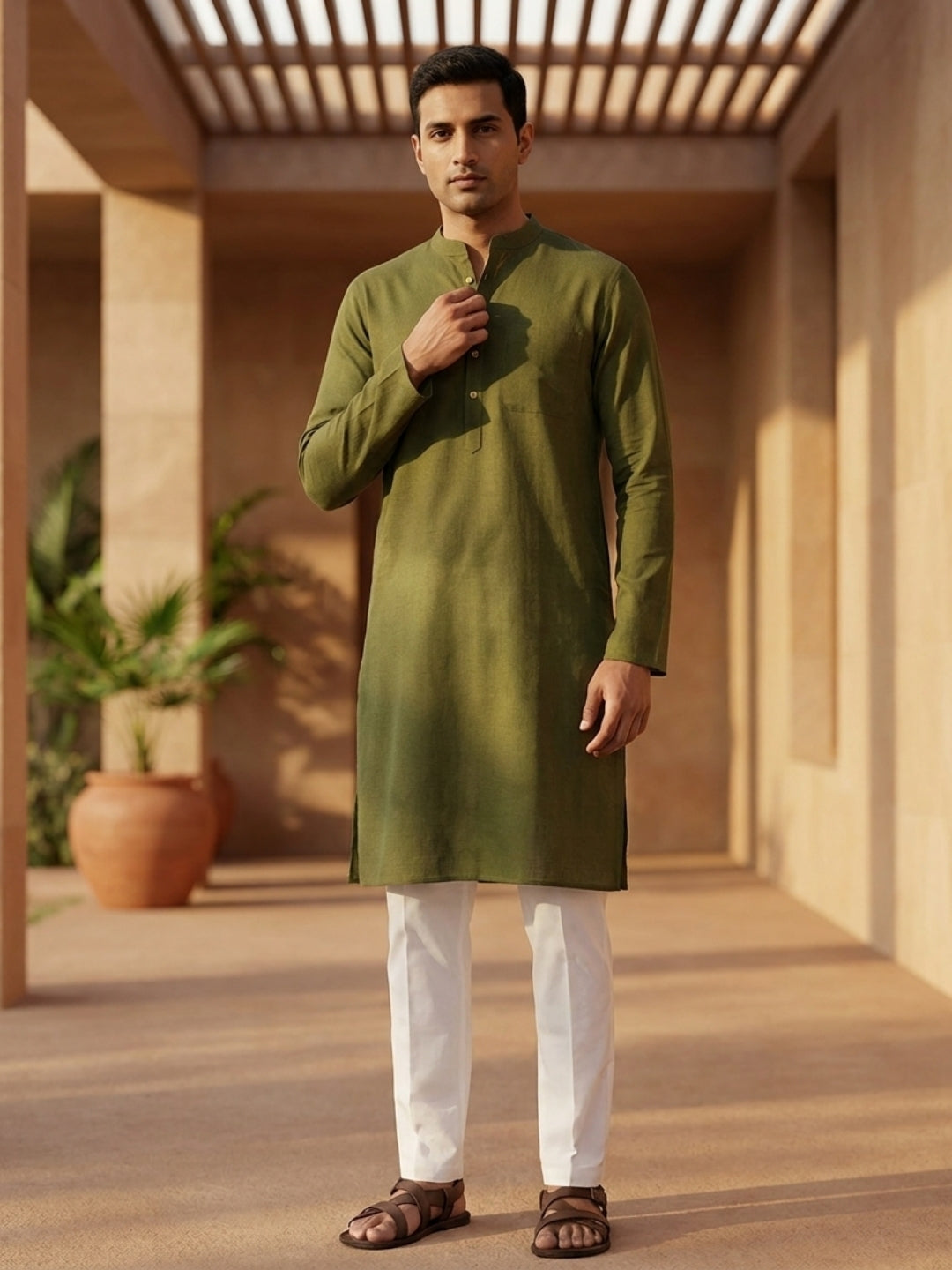 Pure Cotton Slub Straight kurta Paired with Pyjama