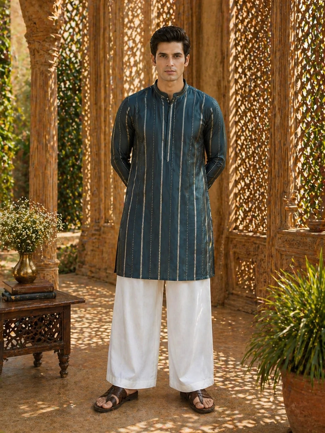 Men's sequin Cotton Chanderi Kurta with Wide leg Pyjama