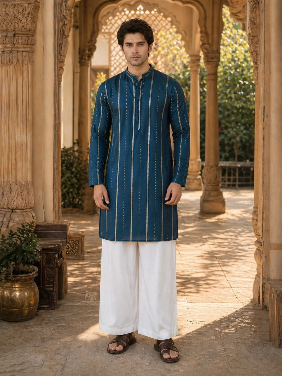 Men's sequin Cotton Chanderi Kurta with Wide leg Pyjama