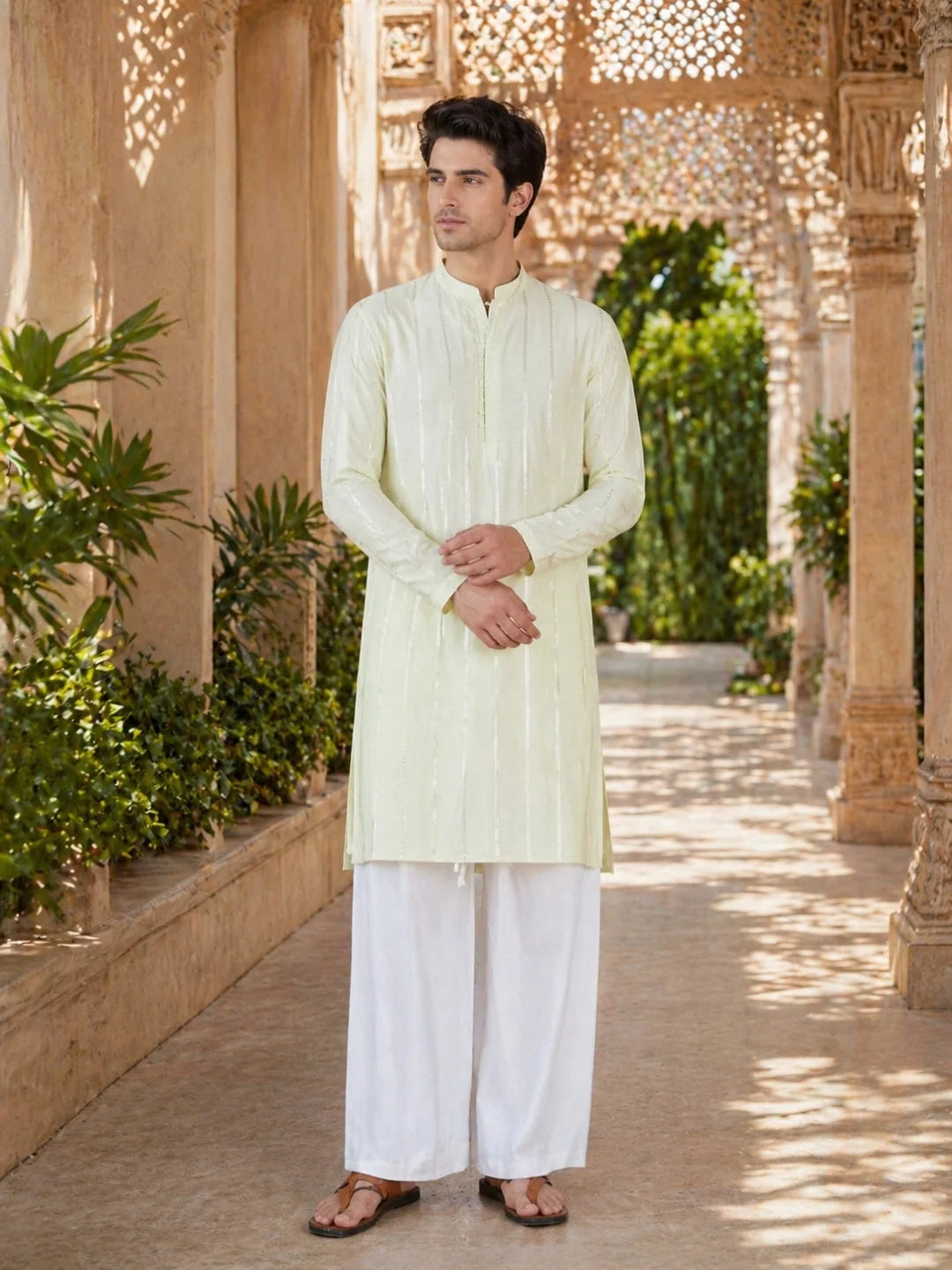Men's sequin Cotton Chanderi Kurta with Wide leg Pyjama