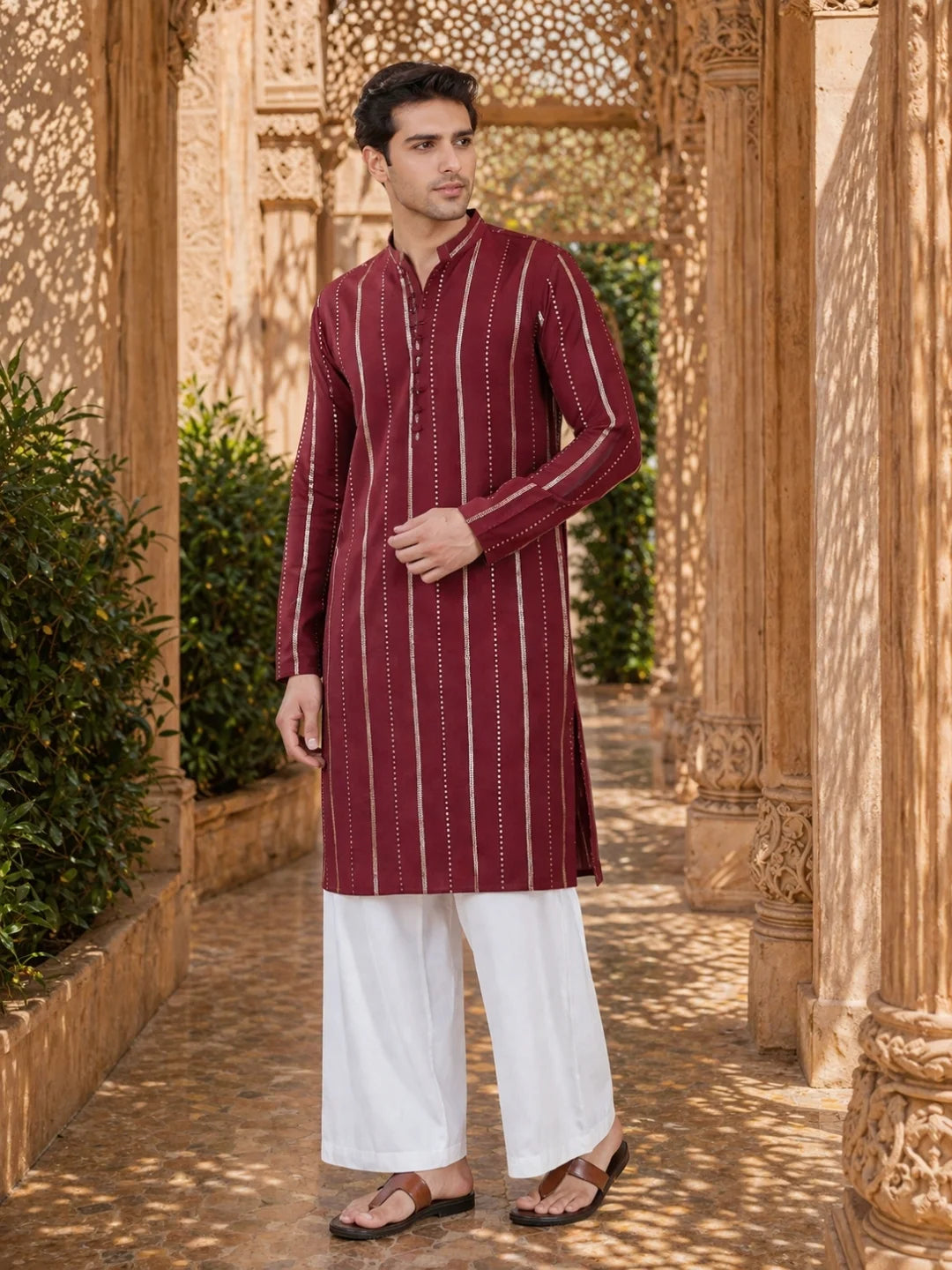 Men's sequin Cotton Chanderi Kurta with Wide leg Pyjama