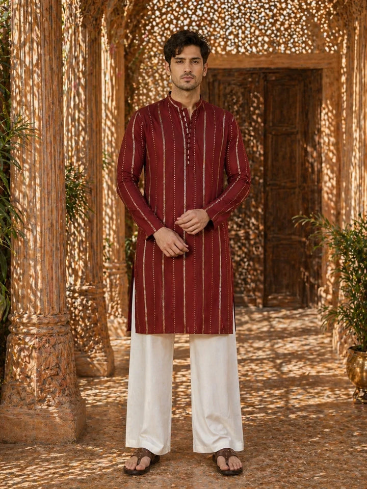 Men's sequin Cotton Chanderi Kurta with Wide leg Pyjama