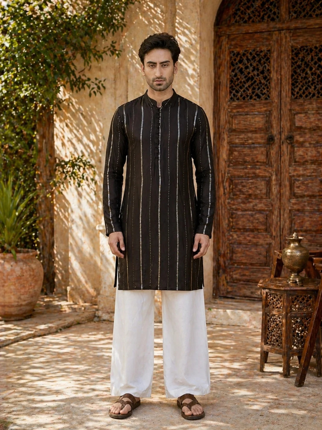 Men's sequin Cotton Chanderi Kurta with Wide leg Pyjama