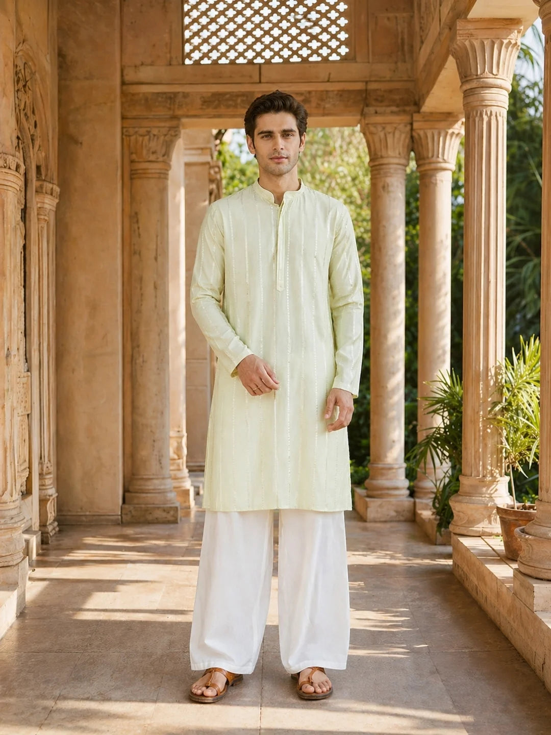 Men's sequin Cotton Chanderi Kurta with Wide leg Pyjama