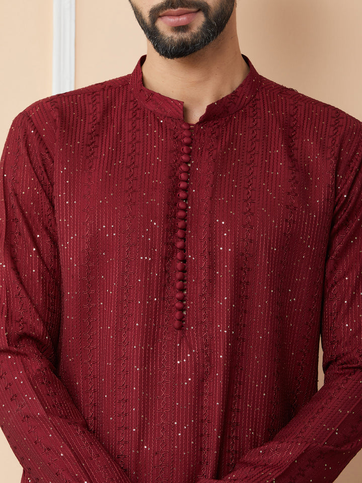 Men’s Dark Maroon Chanderi Silk Kurta with Embroidery and Sequins, Paired with Pyjama