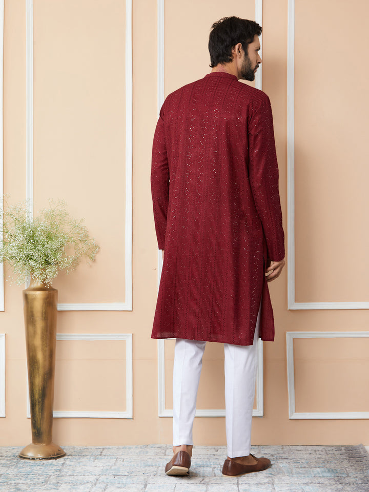 Men’s Dark Maroon Chanderi Silk Kurta with Embroidery and Sequins, Paired with Pyjama
