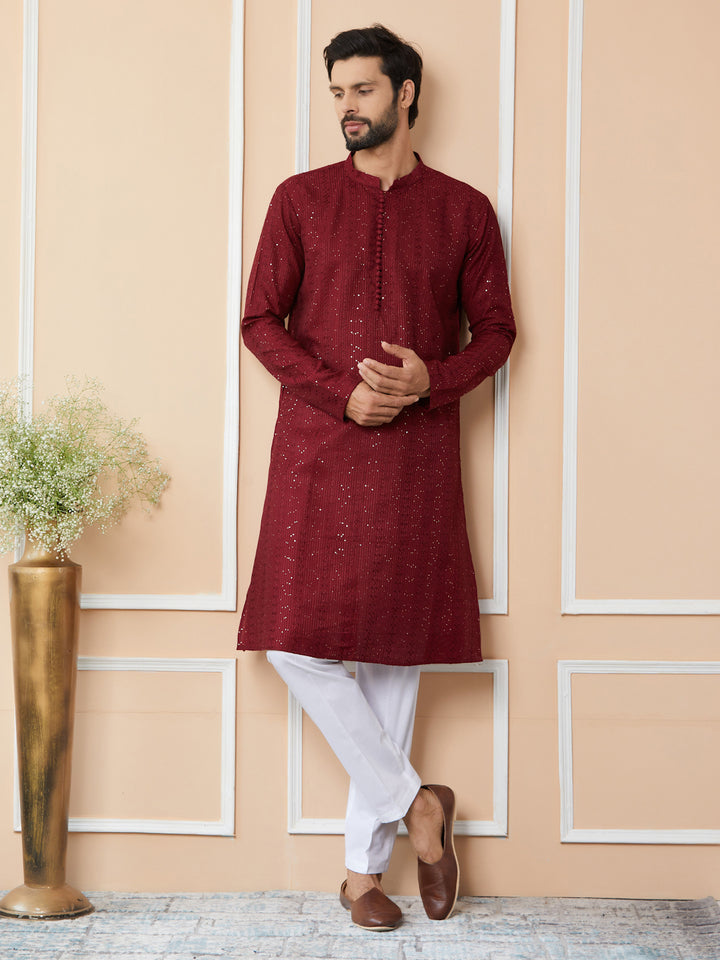 Men’s Dark Maroon Chanderi Silk Kurta with Embroidery and Sequins, Paired with Pyjama