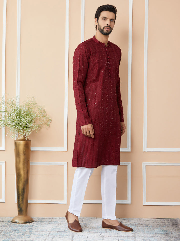 Men’s Dark Maroon Chanderi Silk Kurta with Embroidery and Sequins, Paired with Pyjama