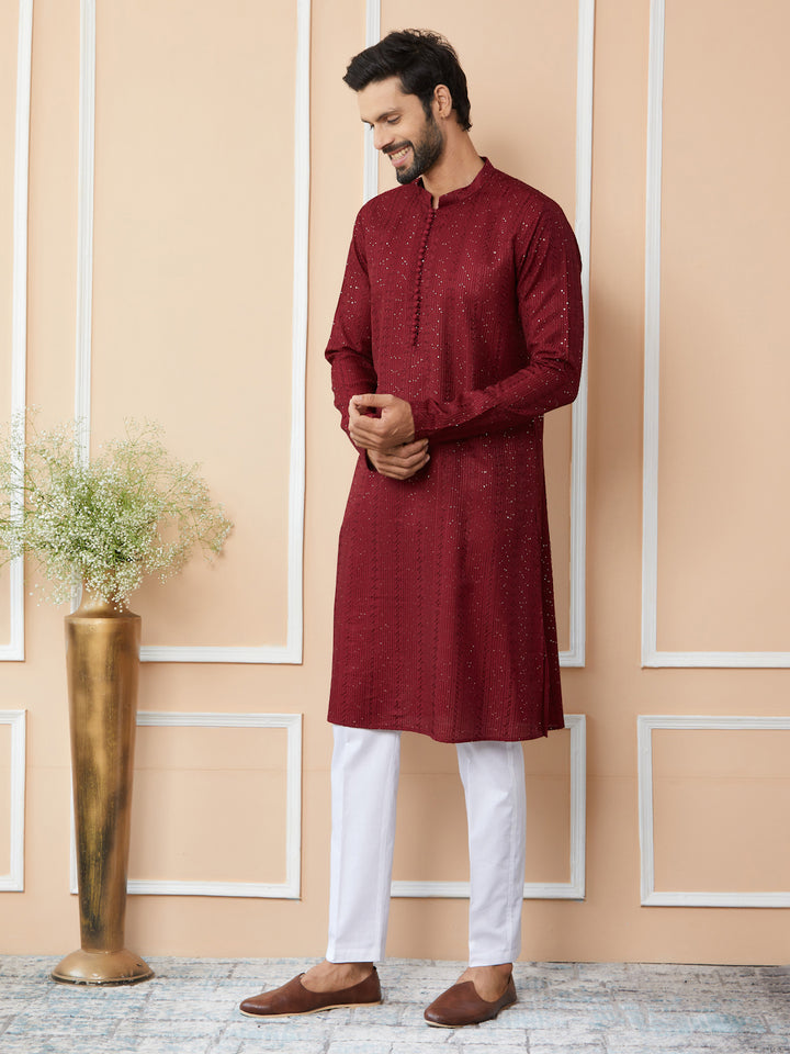 Men’s Dark Maroon Chanderi Silk Kurta with Embroidery and Sequins, Paired with Pyjama