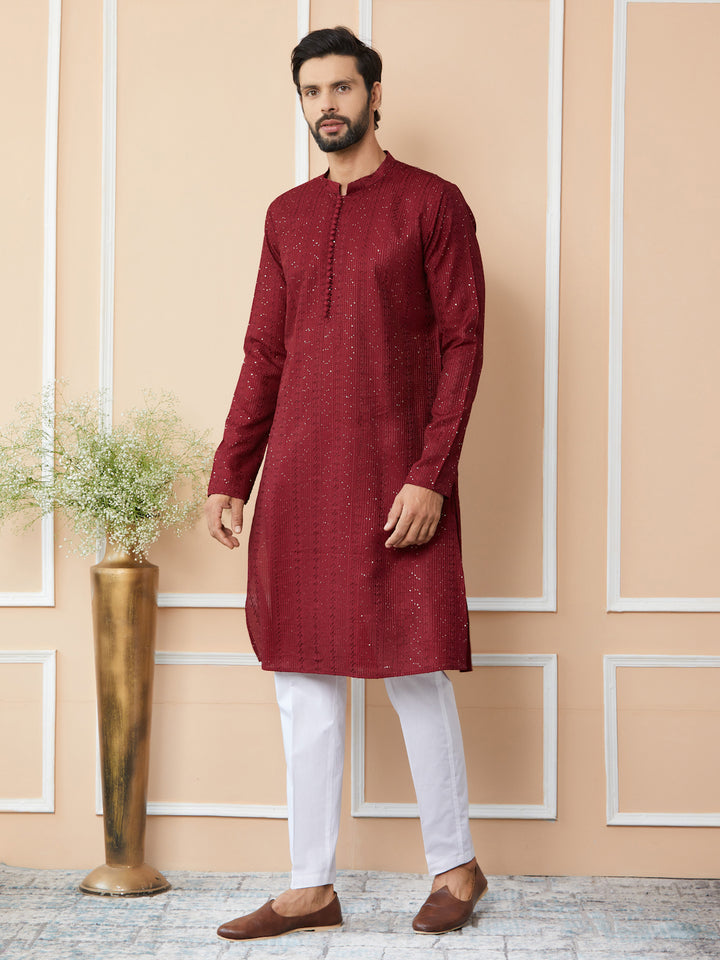 Men’s Dark Maroon Chanderi Silk Kurta with Embroidery and Sequins, Paired with Pyjama