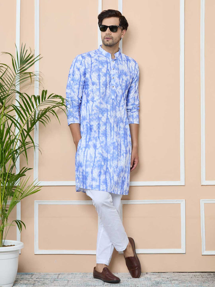 Blue Tie & Dye Printed & Embroidered Cotton Straight Design For Kurta