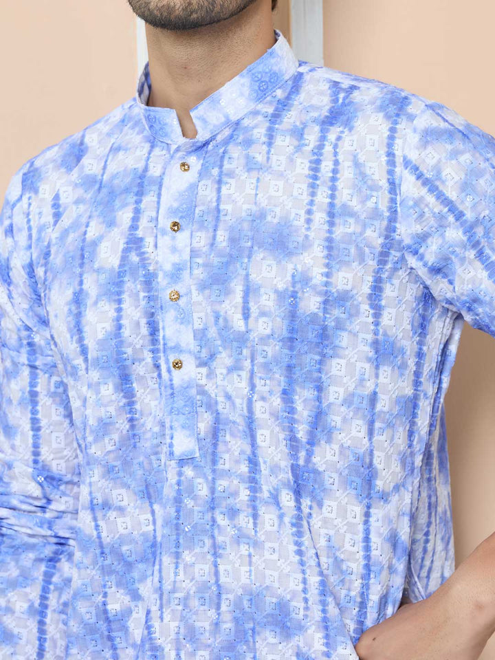 Blue Tie & Dye Printed & Embroidered Cotton Straight Design For Kurta