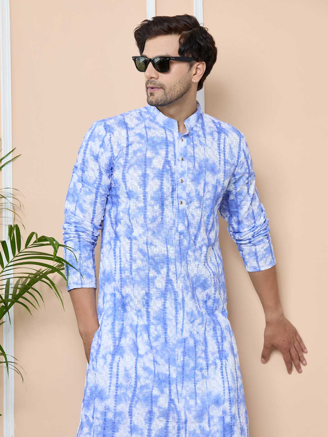 Blue Tie & Dye Printed & Embroidered Cotton Straight Design For Kurta
