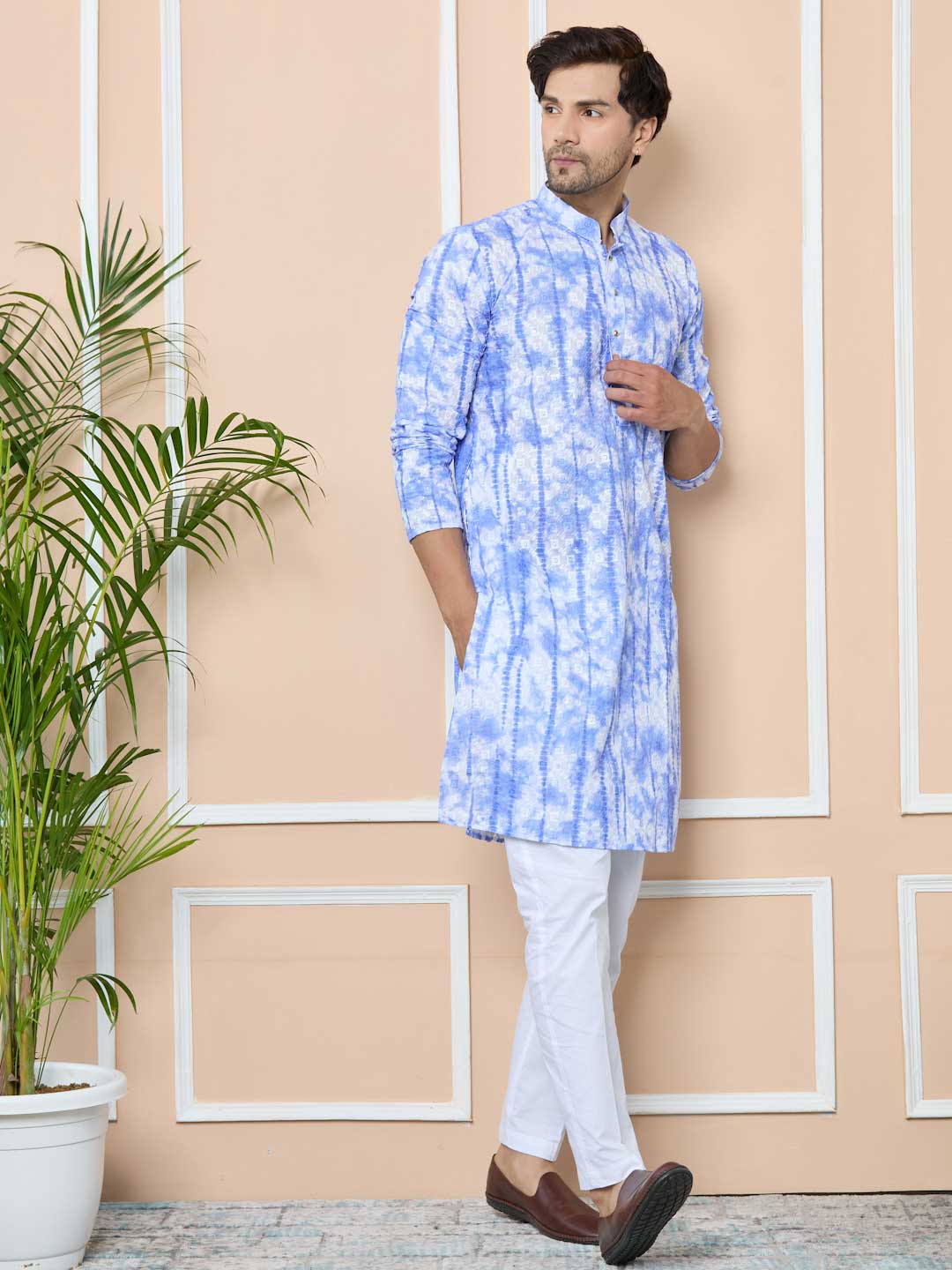 Blue Tie & Dye Printed & Embroidered Cotton Straight Design For Kurta