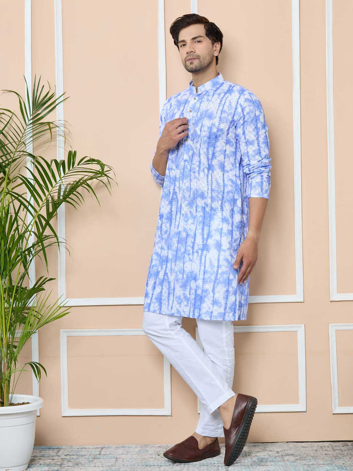 Blue Tie & Dye Printed & Embroidered Cotton Straight Design For Kurta